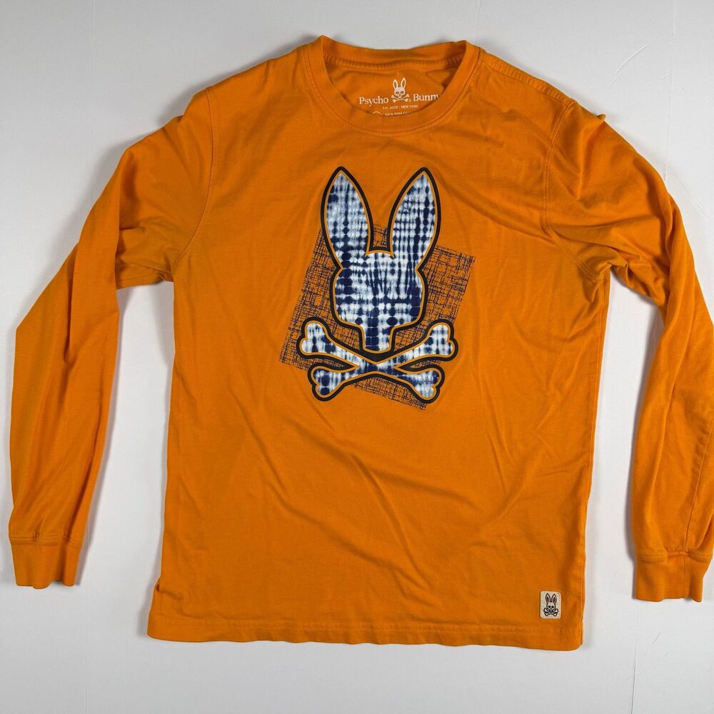Psycho Bunny Long Sleeve T-Shirt Size 4 (Medium) Orange Tie Dye Logo Pima Cotton